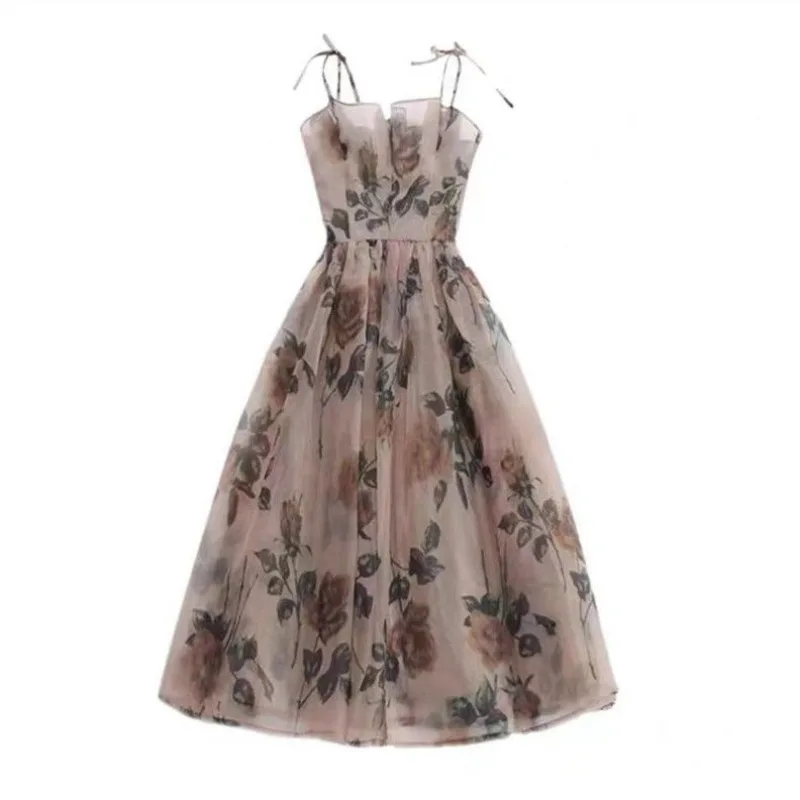 2025 Spring Summer Chic Floral Sling Dress Shawl Shirts 1 or Two Piece Set Women Graceful Print Camisole Dresses Tops Outfits