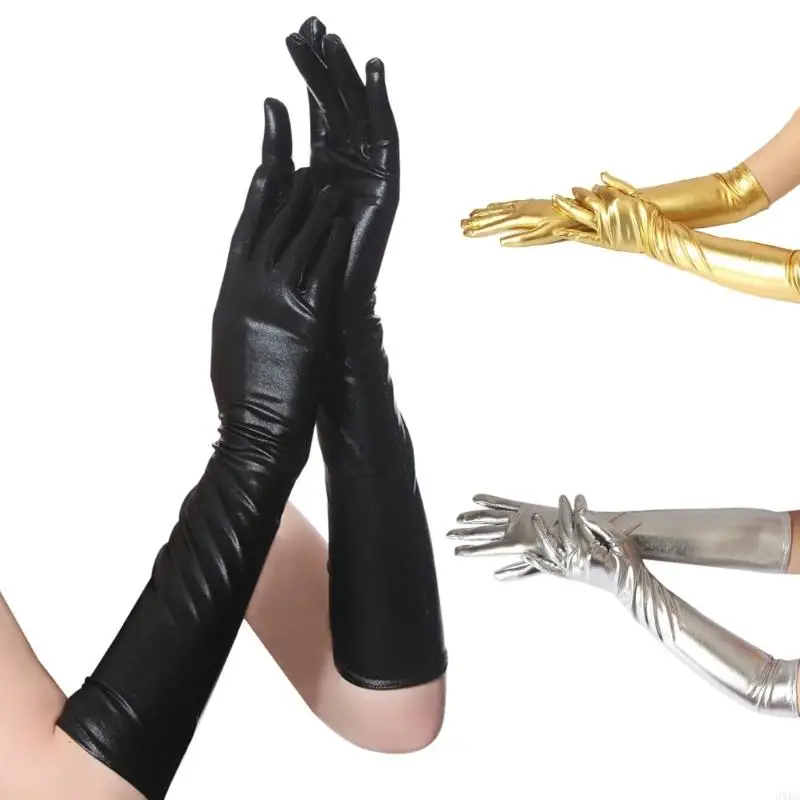 652F Metallic Long Gloves for Dinner Party Dress Women Gloves Solid Color Elastic Christmas Halloween Party Women Gloves