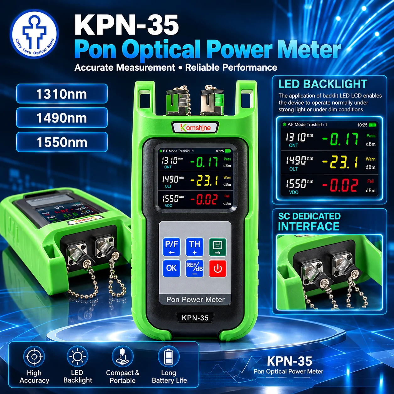 FTTH PON Power Meter Komshine KPN-35 1310/1490/1550nm PON Network Testing SC APC/SC UPC Cable Handheld Fiber Optical