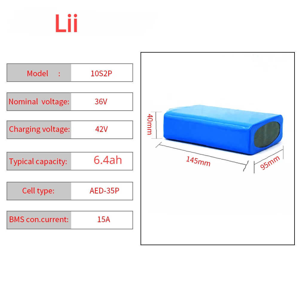 Lii 36V 6.4Ah 10S2P 450Watt 18650 li-ion battery pack JST XT30 42V electric scooter unicycle ebike 15A BMS m365 pro Extend range