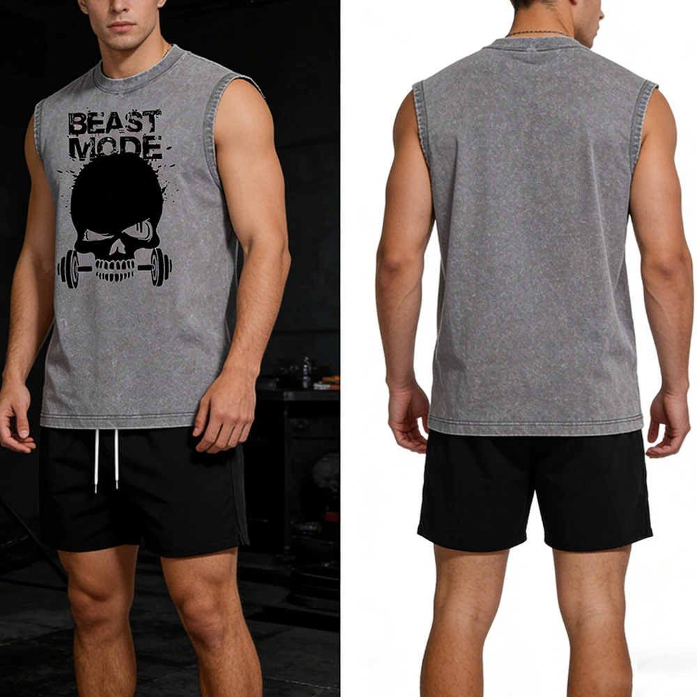 

Летний мужской повседневный комплект: черная винтажная майка с эффектом потертости и быстросохнущие двухслойные пляжные шорты с принтом черепа и гантелей для фитнеса