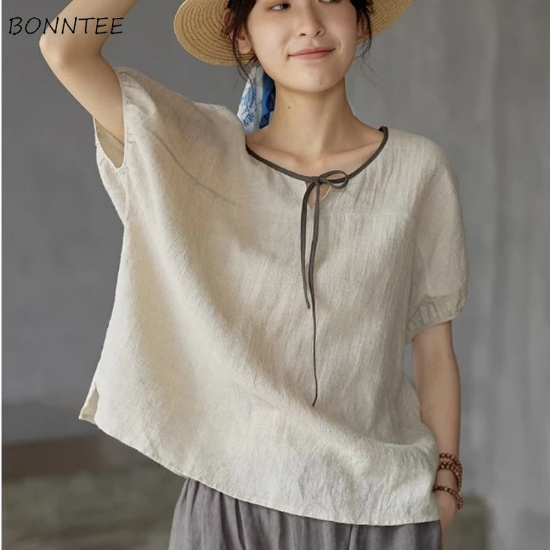 Cotton Linen T-shirts Women Solid Lace-up Loose Japanese Style Leisure Breathable Harajuku Temperament Minimalist Vintage 3XL