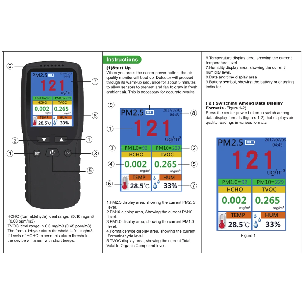 كاشف جودة الهواء الرقمي ، HCHO ، TVOC ، PM2.5 ، PM10 ، PM1.0 ، AQI ، درجة الحرارة ، اختبار الرطوبة ، محلل ، مراقبة تلوث الهواء ، 8in 1