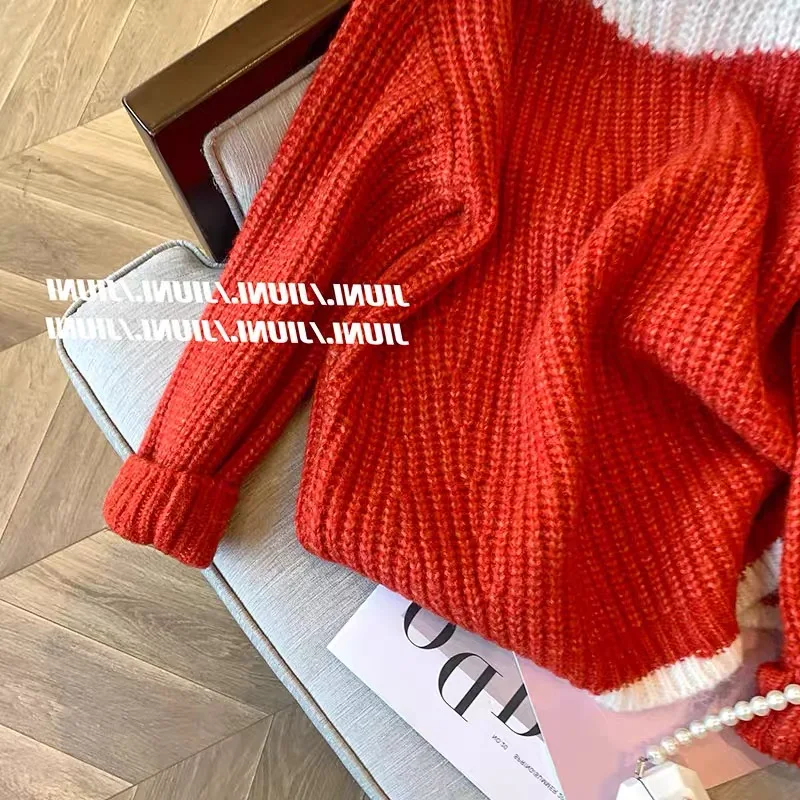 Pulôver de malha vermelha de retalhos feminino camisola harajuku y2k coreano mangas compridas o pescoço blusas grandes vintage 2000s roupas 2025