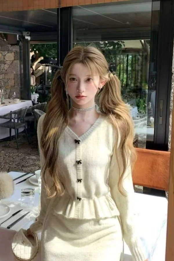 

Sweet Hot Fashion Set Ribbed Knit Bow Long Sleeve Top Pleated Mini Skirt Two Piece Outfit