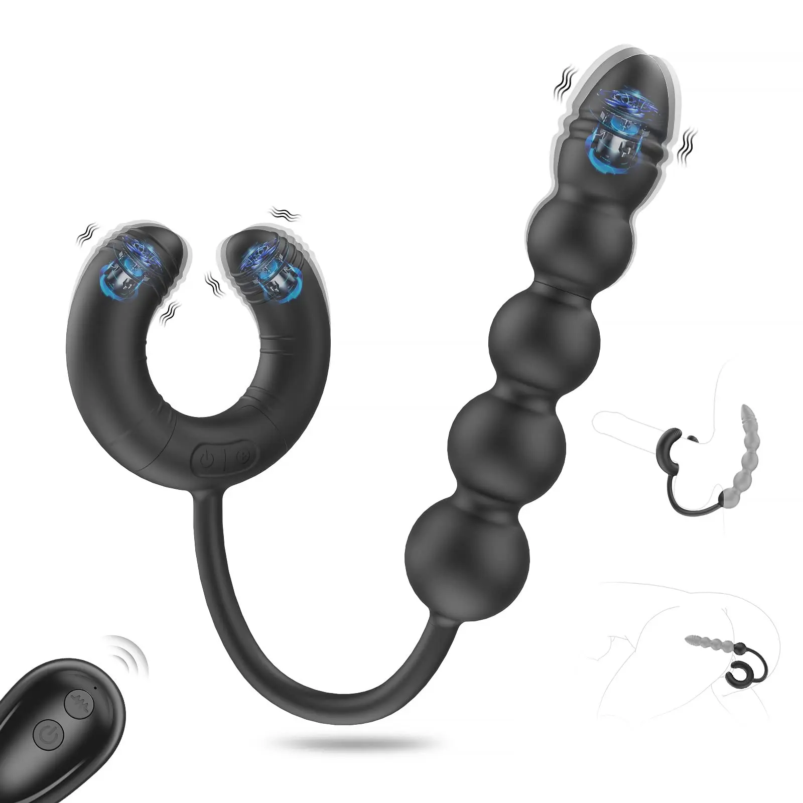 

Vibrating Beads Butt Plug Prostate Massager, G-Spot Rabbit Vibrator with 3 Motors and 10x10 Modes, Remote Clitoris Stimulator A