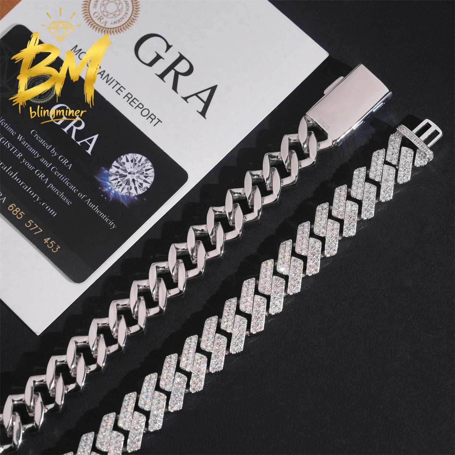 Blingminer 2 Rows 16mm Iced Out S925 Silver VVS Moissanite Cuban Link Chain Necklaces For Men Jewelry Pass Diamonds Tester With