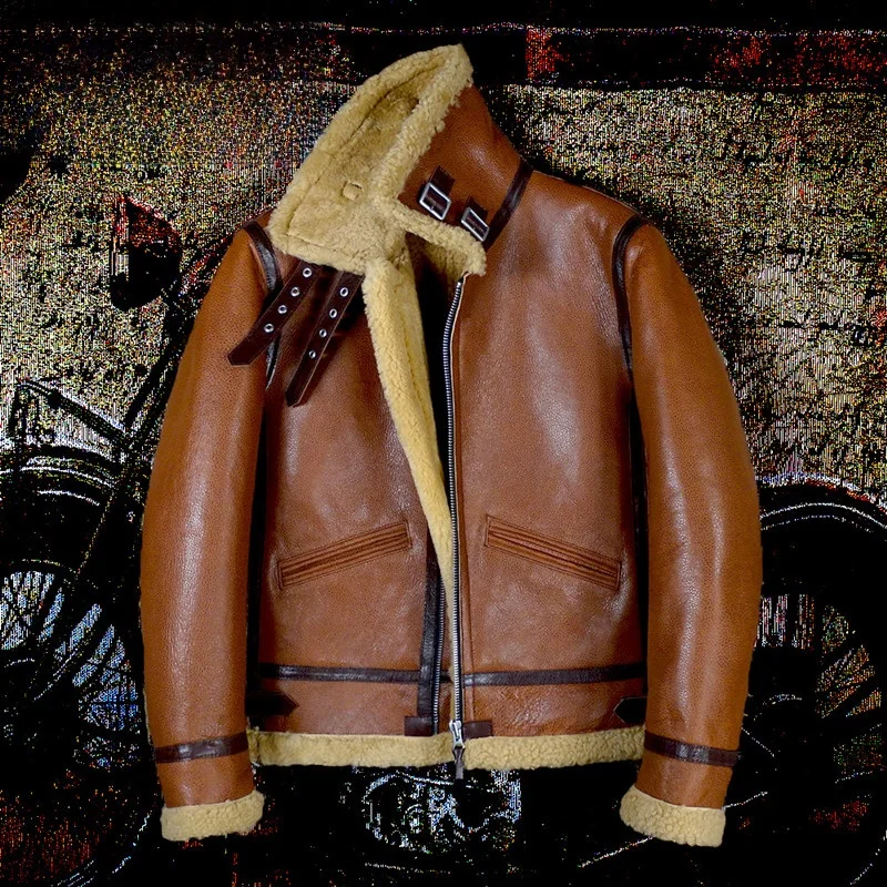

Brown eepskin Leather Men's B3 Thi Warm Retro Classic Genuine Leather Jaet Busin Sle ort Coat Casual Wear