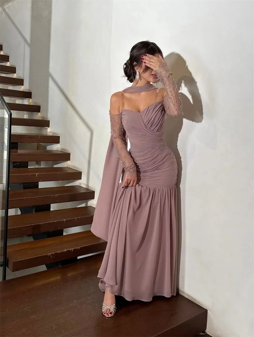 

Pearls Formal Long Sleeves Bespoke Occasion Gown Evening Dresses Pastrol Unisex Jersey Retro Dubai Saudi Arabic Prom Customized