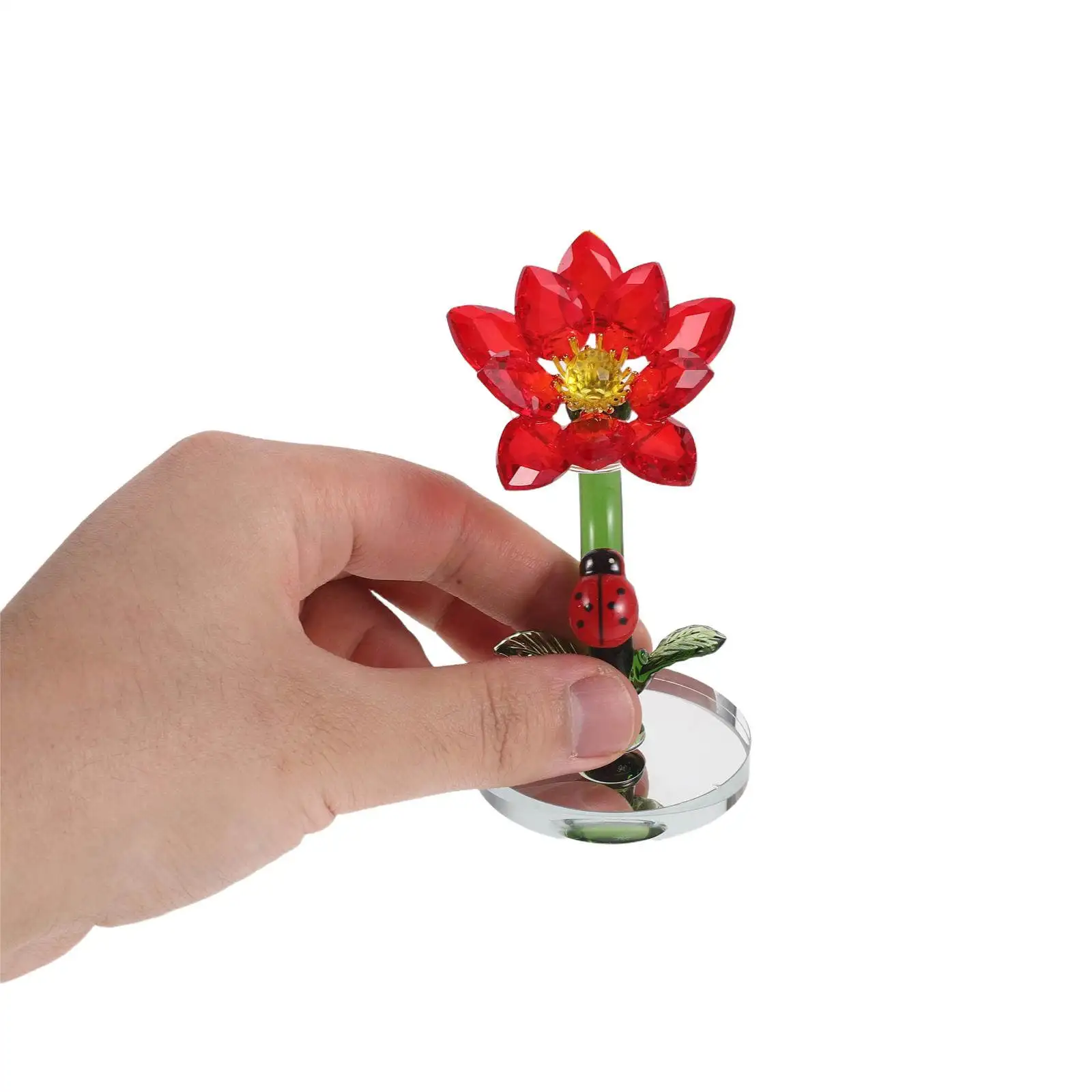 Crystal Ladybug Flower Sculpture – Hand-Blown Glass Decorative Table Centerpiece for Home