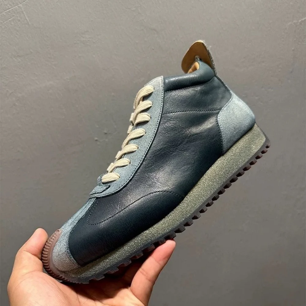 

QHCCID Handmade Cow Leather High Top Shoes Comfortable Platform Sneakers Fashion Active Men's Shoes