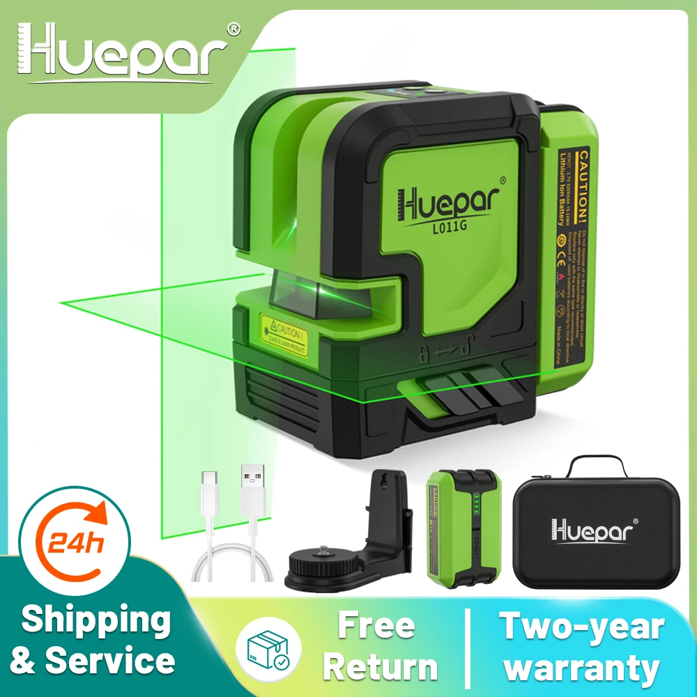 Huepar 2 lines Laser Level Green Beam Cross Line Self-leveling Rechargeable Li-ion Battery Laser Tools with Pulse Mode & Bracket