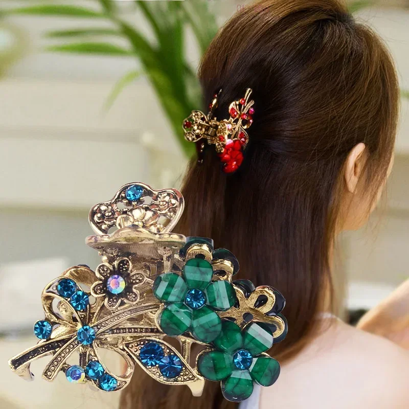 Vintage Hair Jewelry Charm Big Rhinestone Crystal Crab Clip Wedding Hair Accessories Hairpin Vivid Flower Hair Claws for Women