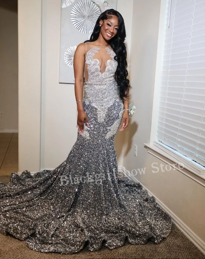 Glitter Silver Grey Long Prom Dress 2025 For Black Girls Glitter Sexy Inlaid Sequins Mermaid Dresses For Formal Occasions Custom image 2