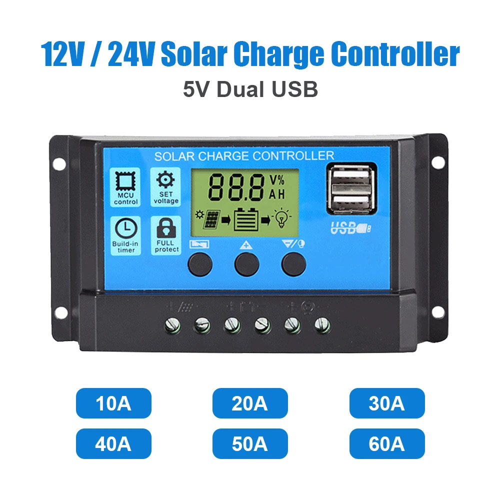 Solar Controller 10A 20A 30A 40A 50A 60A PWM Battery Charger LCD Display 12V 24V Auto 5V Dual USB Ports Solar Panel PV Regulator