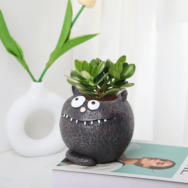 Funny Black Cat Flowerpot Succulent Ugly Cute Kitten Resin Plant Pot Tabletop Vase for Home Office Decoration Garden Supplies