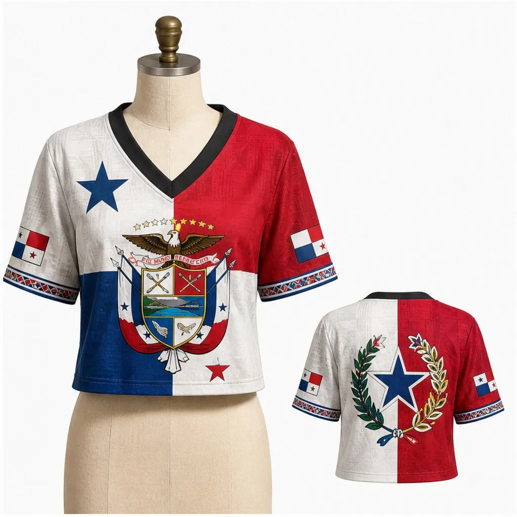 Womens Panama V Neck Short Sleeve Crop Tops Flag Crest Laurel Star Graphic Casual Summer Tshirt for Street Travel and Daily Wear