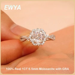 EWYA Sparkling D Color 1CT 6.5mm Moissanite Rings For Women Lady Fine Jewelry S925 Silver Diamond Ring Wedding Band Wholesale
