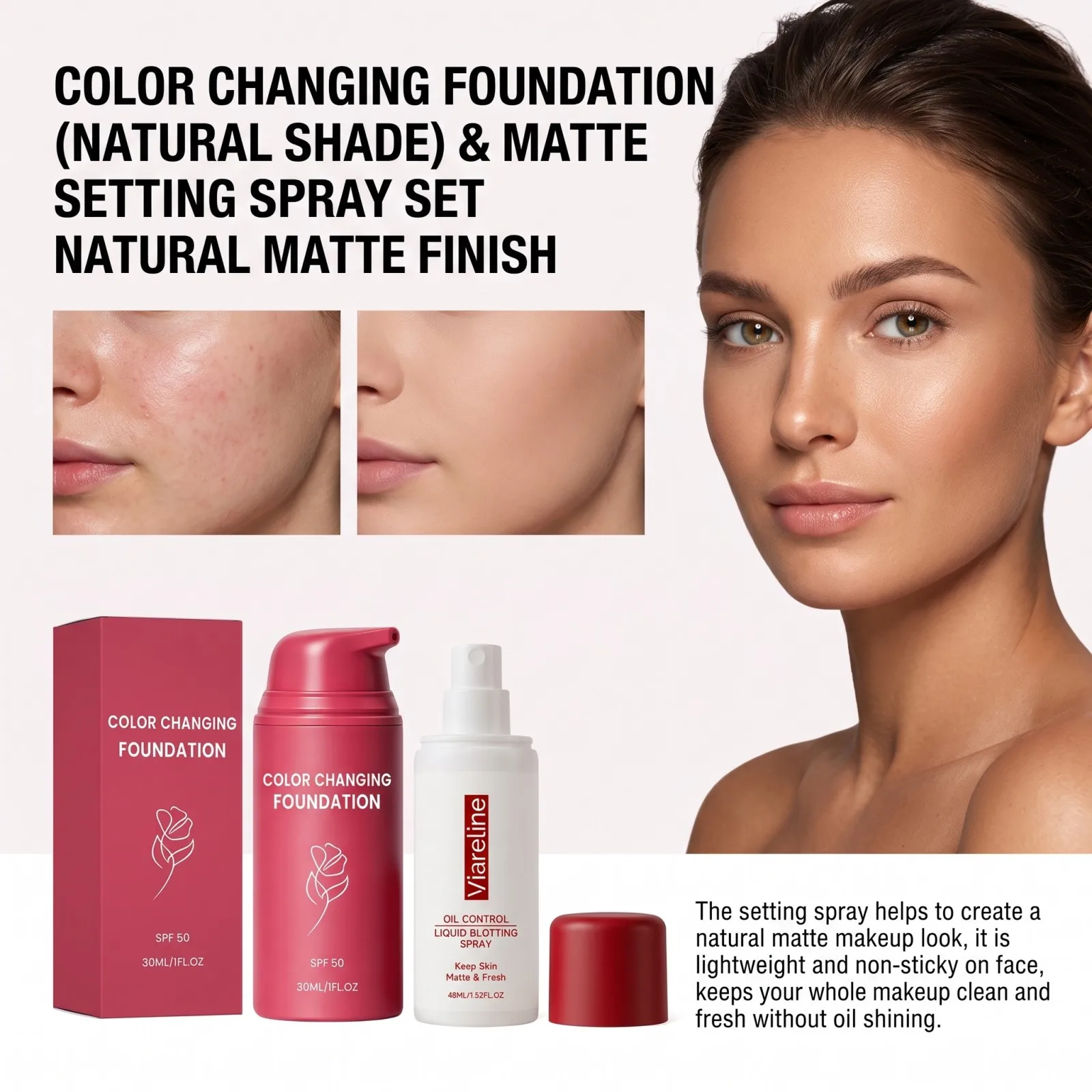 Thermal Color Changing Foundation Natural Shade & Matte Setting Spray Set SPF50 Oil Control Moisturizing Long Lasting Makeup