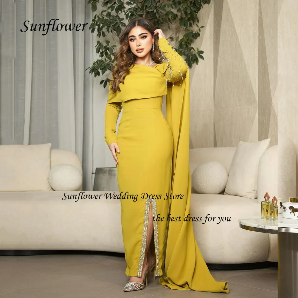 

Sunflower Off the Shoulder Evening Dress 2023 Slim Crepe Beading Long Sleeve Mermaid Prom dress Floor-Length Party Dress