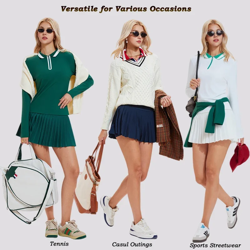 VITALINOVO تنورة التنس مجموعات للنساء سستة اللون كتلة قمصان عالية الخصر جولف بولو قطعتين تنورة مجموعة النساء 2 قطعة الزي #6