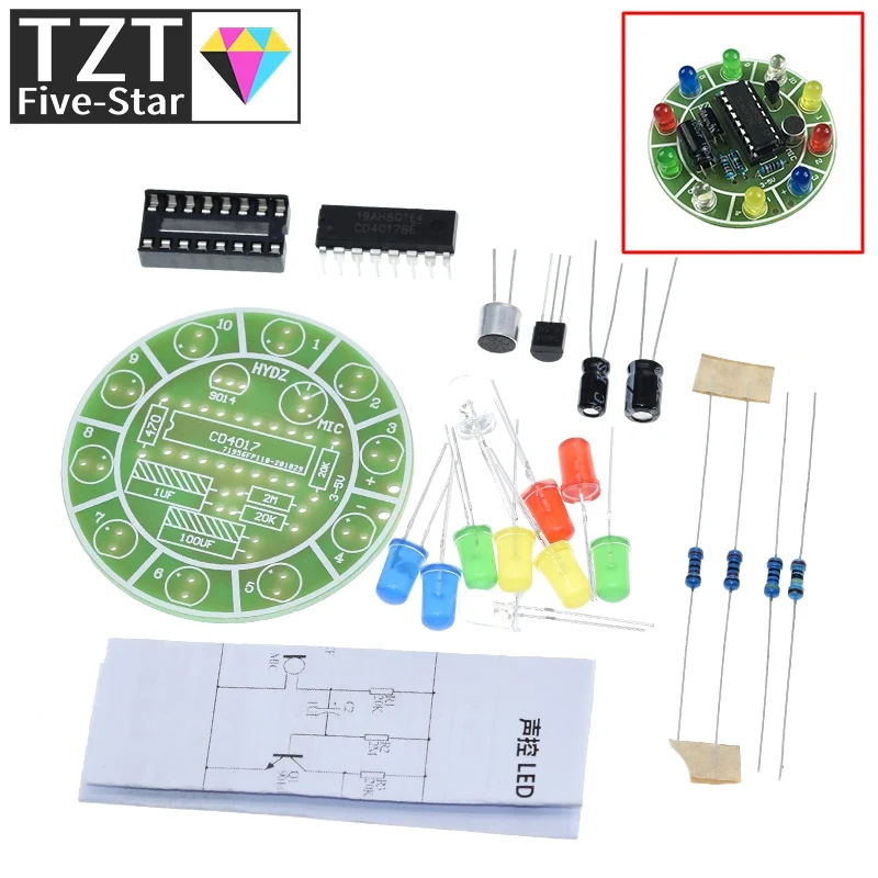 TZT 다채로운 음성 제어 회전 LED 조명 키트, 전자 제조 DIY 키트, 예비 부품, 학생 실험실, CD4017