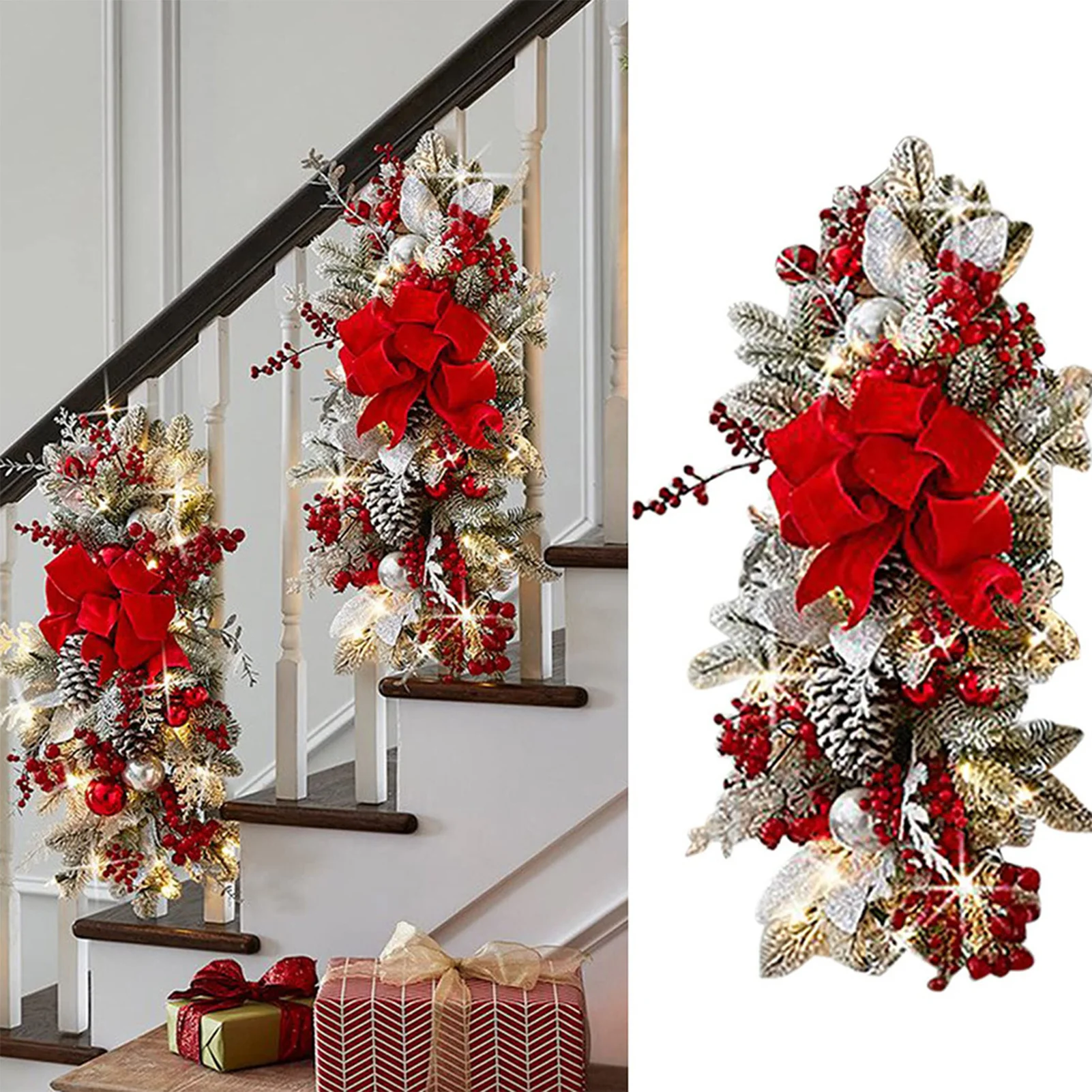 60*30cm Christmas Garland Ornament Staircase Handrail Wreath Decoration Exquisite Butterfly Knot Pinecone Pendant For Xmas Tree