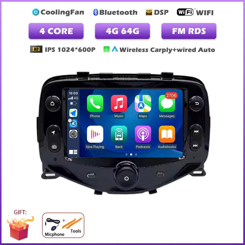 Android 16 Auto Autoradio voor Toyota Aygo Peugeot 108 Citroen C1 2014-2021 Multimedia Videospeler Navigatie Stereo GPS apparatuur