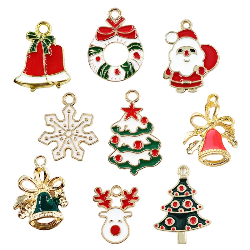 10pcs Christmas Pendant Enamel Snowman Bell Charm DIY Necklace Bracelet Accessories Xmas Gift Happy New Year Present Party Favor