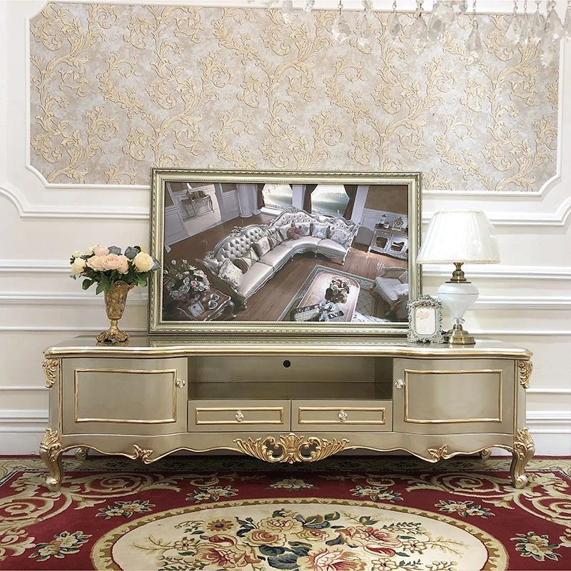 

European TV cabinet tea table combination champagne solid wood carved small family living room neoclassical cabinet set