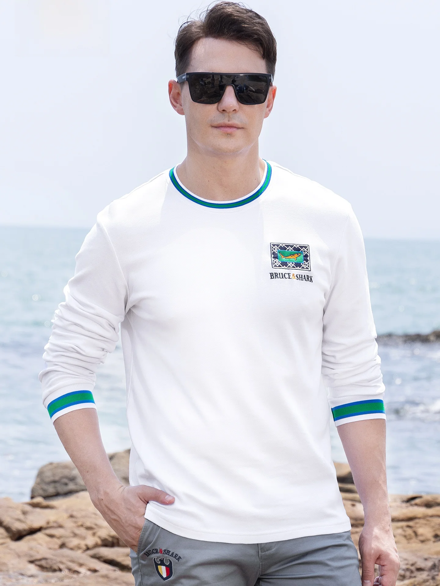 

Мужская футболка из чистого хлопка с длинными рукавами, осень 2024, свободный крой, удобная, дышащая, базовый слой, модный бренд Bruce & Ark