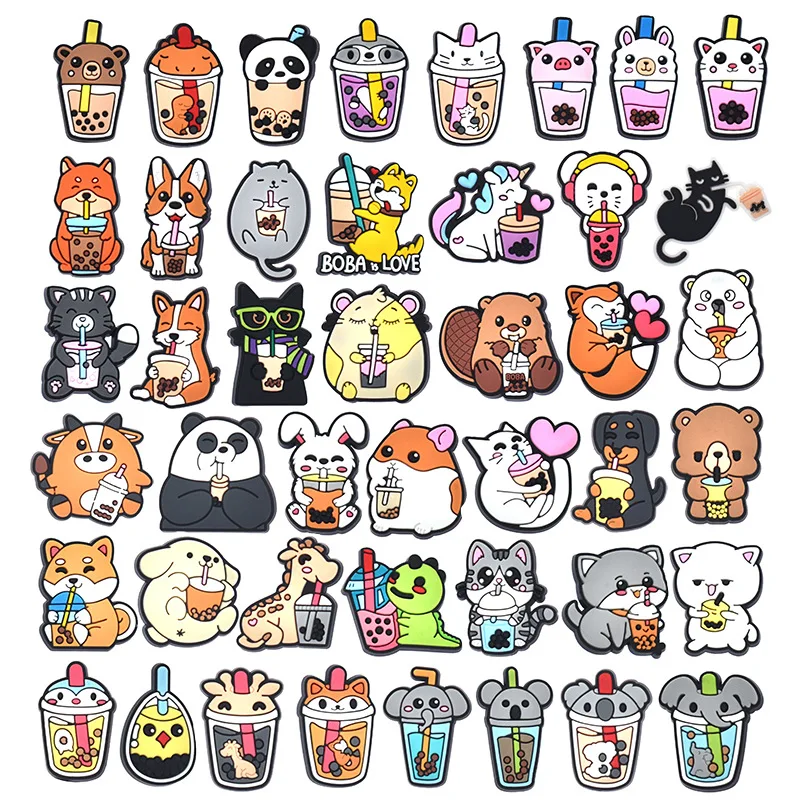 PVC milk tea bottles series fox dog bear panda shoe buckle charms accessories decorations for sandals sneaker clog DIY gift drop