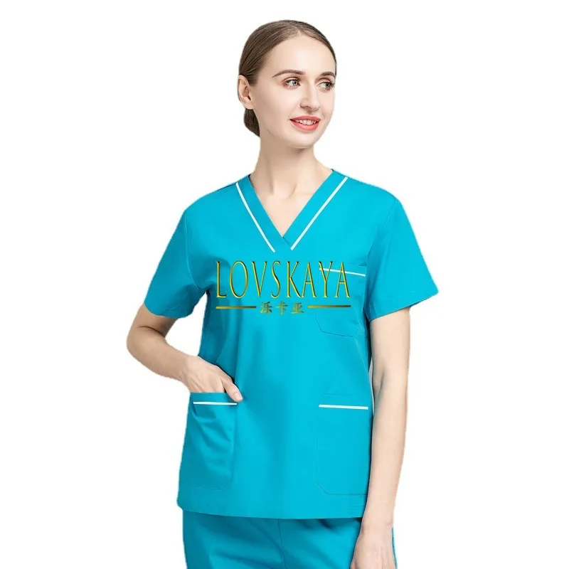 Summer thin short sleeved polyester cotton nurse uniform women's hand washing clothes operating room dentist work suit set