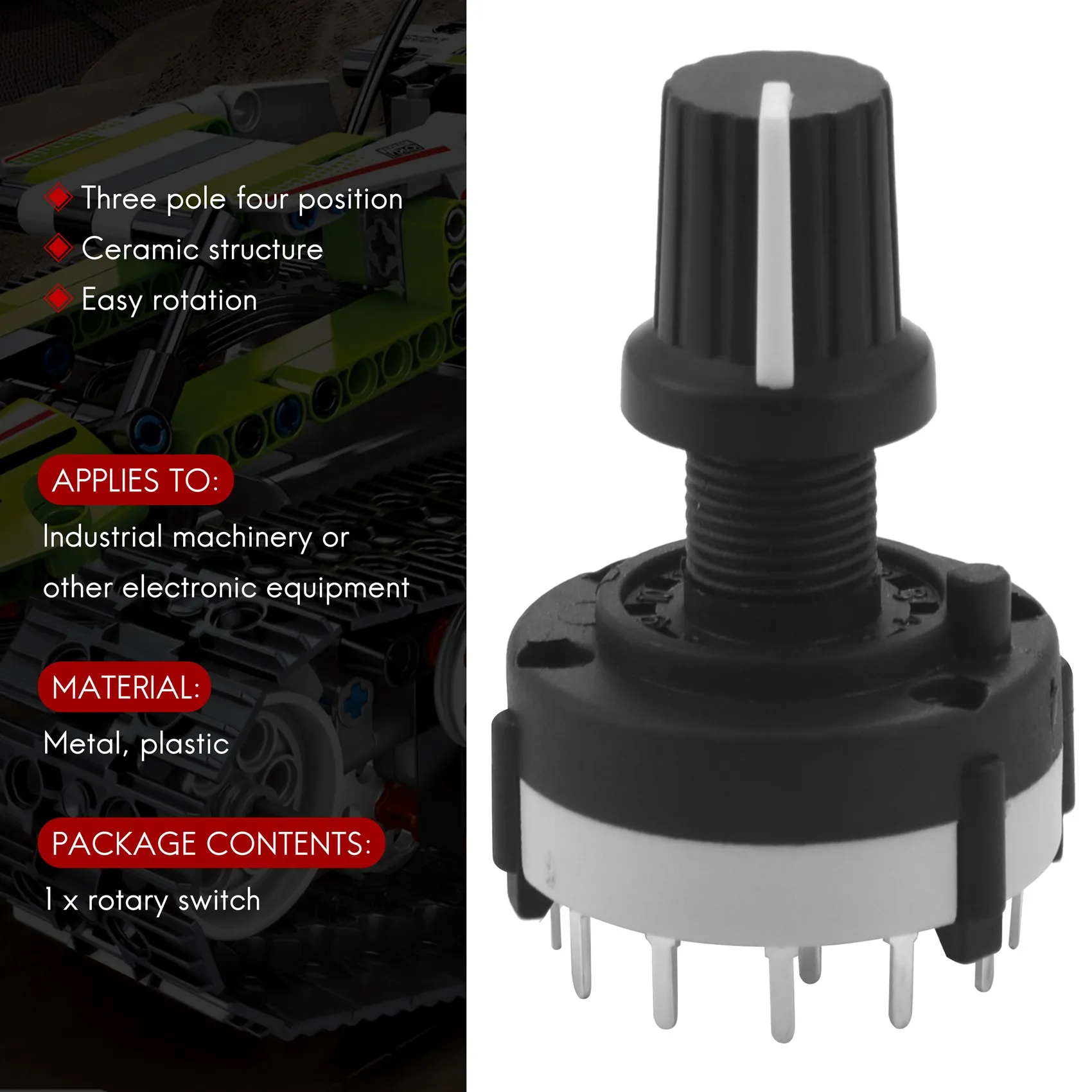 단일 웨이퍼 밴드 선택기 로터리 스위치, 노브 포함, 3P4T, 3 극, 4 위치