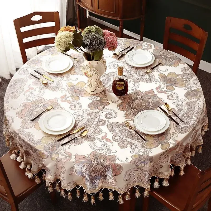 High-precision 3D Jacquard Tassel Tablecloth Retro Chanel Relief Large Round Table Cloth Cover Hotel Wedding Decor