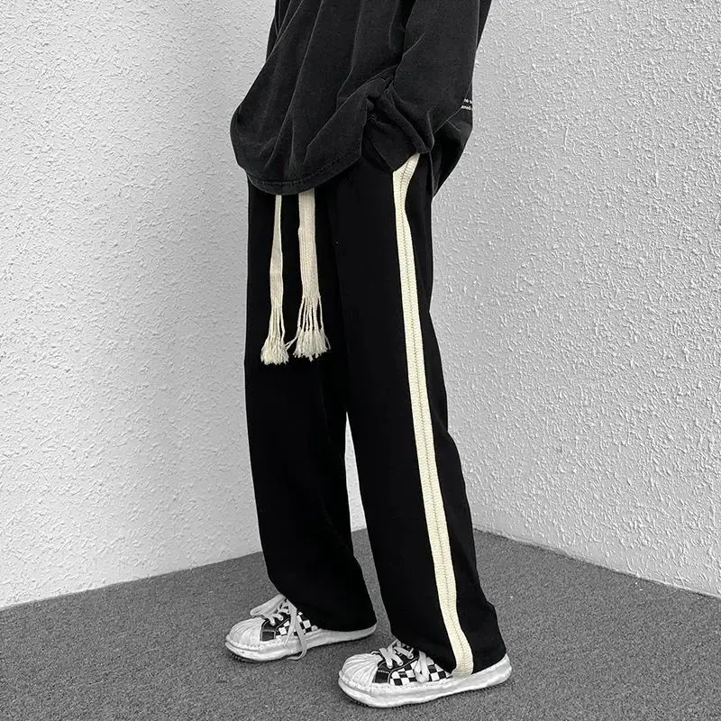 2023 Spring Summer New Contrast Color Vertical Stripe Patchwork Straight Pants Man Elastic Waist Hand Woven Drawstring Trousers