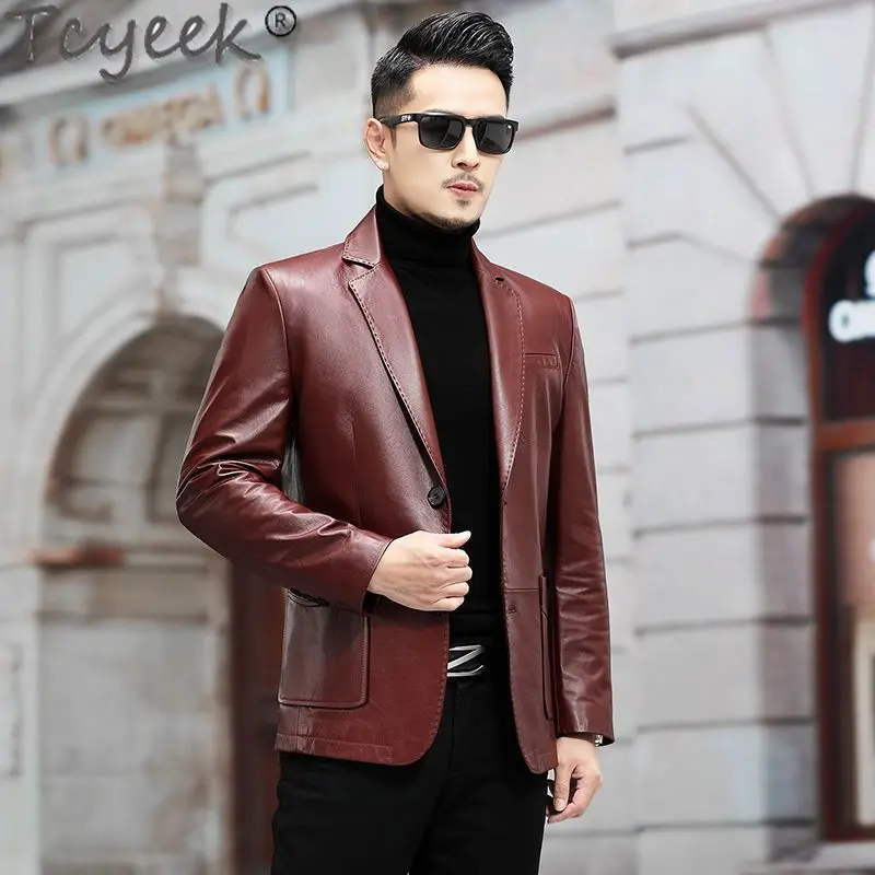 Tcyeek Top Layer Cowhide Coats Genuine Leather Man Jackets Business Casual Leather Coat Spring Autumn Clothes Men's Suit Jacket