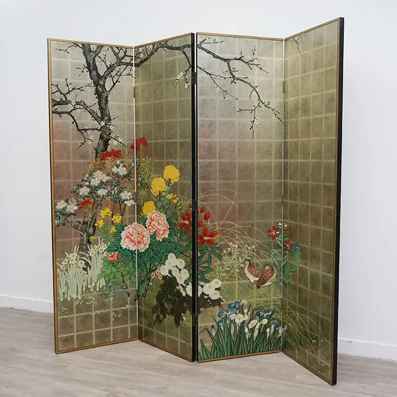 New Chinese Screen Pure Hand-painted Living Room Office Background Movable Folding Screen Tea Porch Background Partitionn29