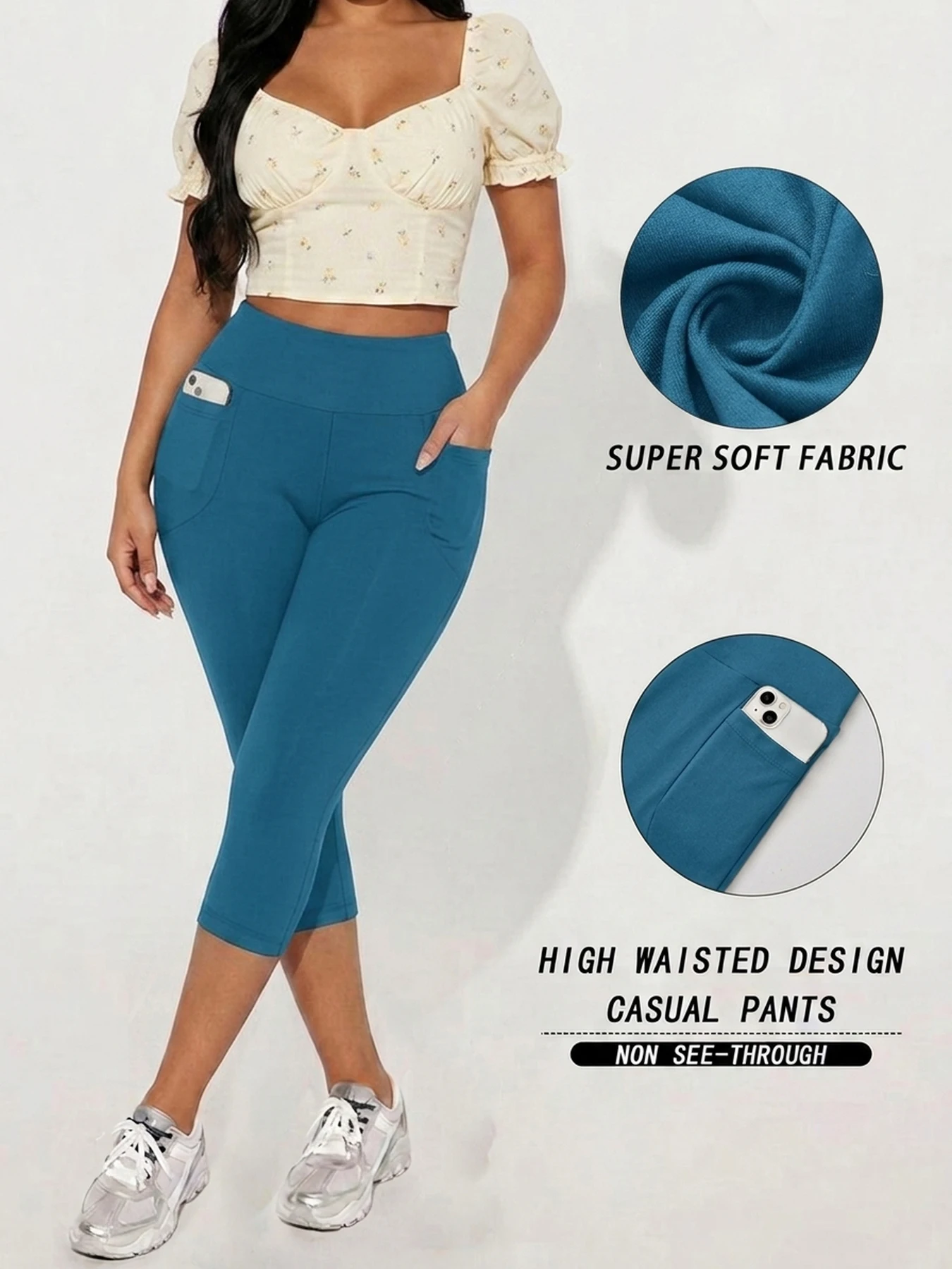Hochgeschnittene Caprihosen für Damen mit Taschen, Superweiche Bauchkontrolle Workout-Lauf-Yoga-Sportleggings – Detail 13