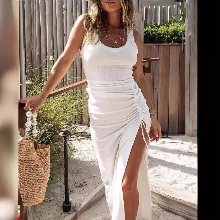 2024年夏新作セクシーなスリット入りミドル丈ベスト、女性用ファション、スリムフィット、ラウンドネック、ノースリーブ、ビジネスカジュアル