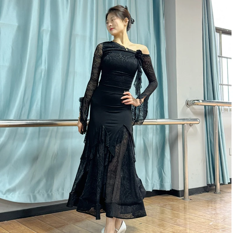 볼룸 댄스 경연 대회 드레스 여성 레이스 오블리크 숄더 탑 스커트 왈츠 댄스 의상 댄스 파티 클럽 볼룸 댄스 드레스 14632