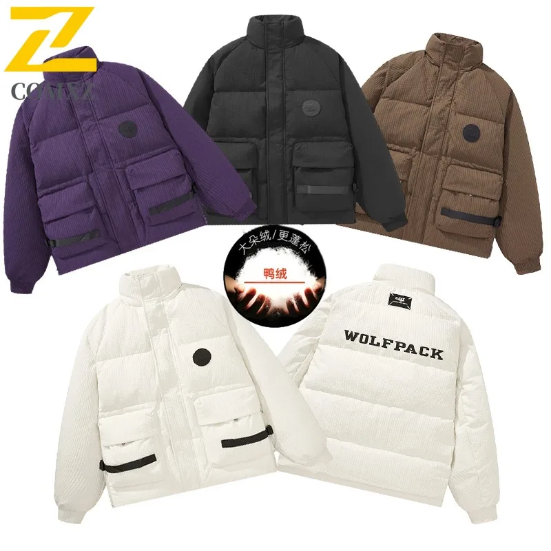 

COMXZ мужское пуховое пальто с буквенным дизайном и воротником-стойкой для прогулок на открытом воздухе, ветрозащитное пуховое уличное стильное легкое зимнее пальто