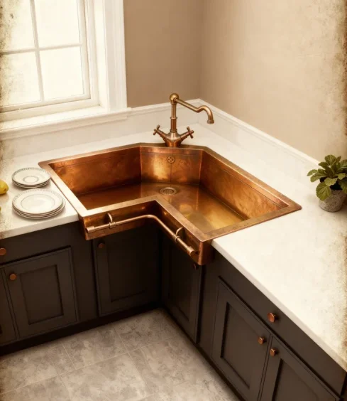 

Corner Apron Sink Towel bar Brass Stainless Handmade Custom Island bar Farmhouse Kitchen Luxury Villa Wet bar Hospitality Use