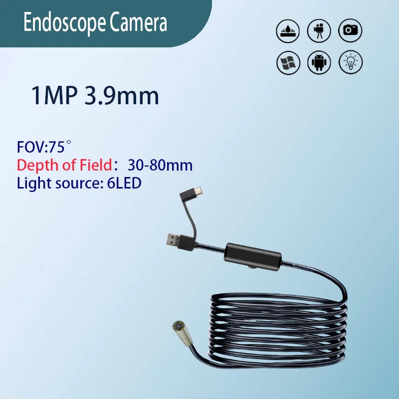 

1MP 3,9 мм FOV75 ° Промышленный эндоскопический зонд для проверки промышленных трубопроводов, водонепроницаемый промышленный эндоскоп USB 3 в 1