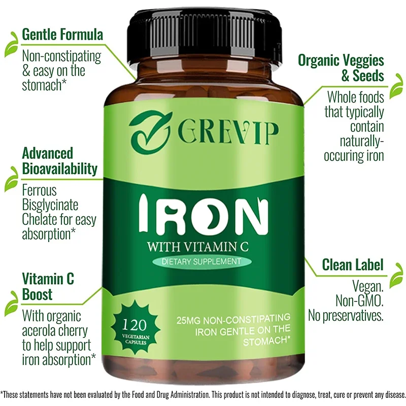 Iron Capsules - with Vitamin C - for Blood Health Boosts Energy Level Fortifies Immune