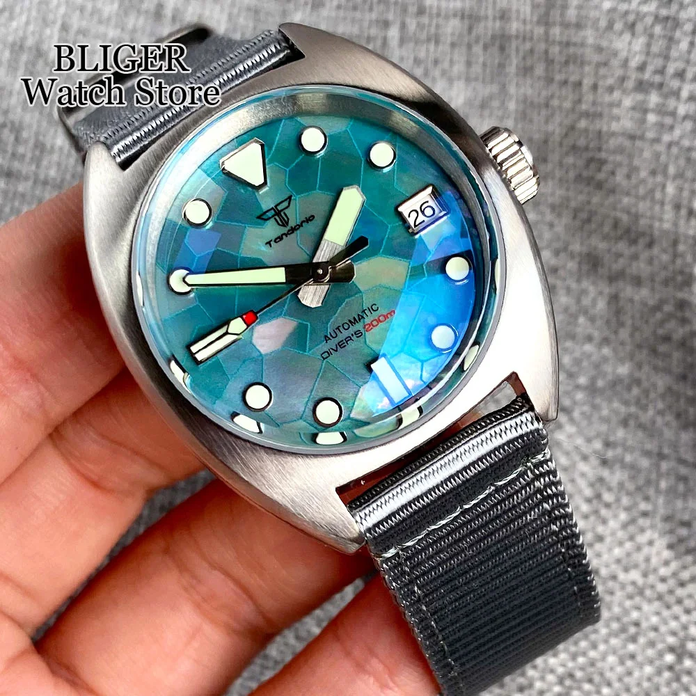 Diving 36MM Military Unisex Watch Automatic    NH35A Luminous Turquoise Green Splice Shell Surface Dial AR Domed Sapphire