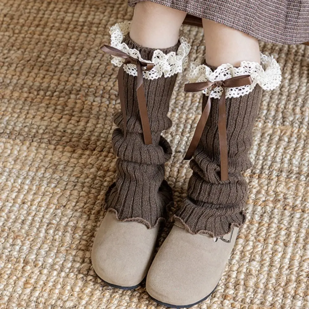 Jk Harajuku Bow Ribbon Leg Warmers Long Stockings Sweet Knitted Foot Cover Kawaii Solid Color Lolita Knitted Socks Winter