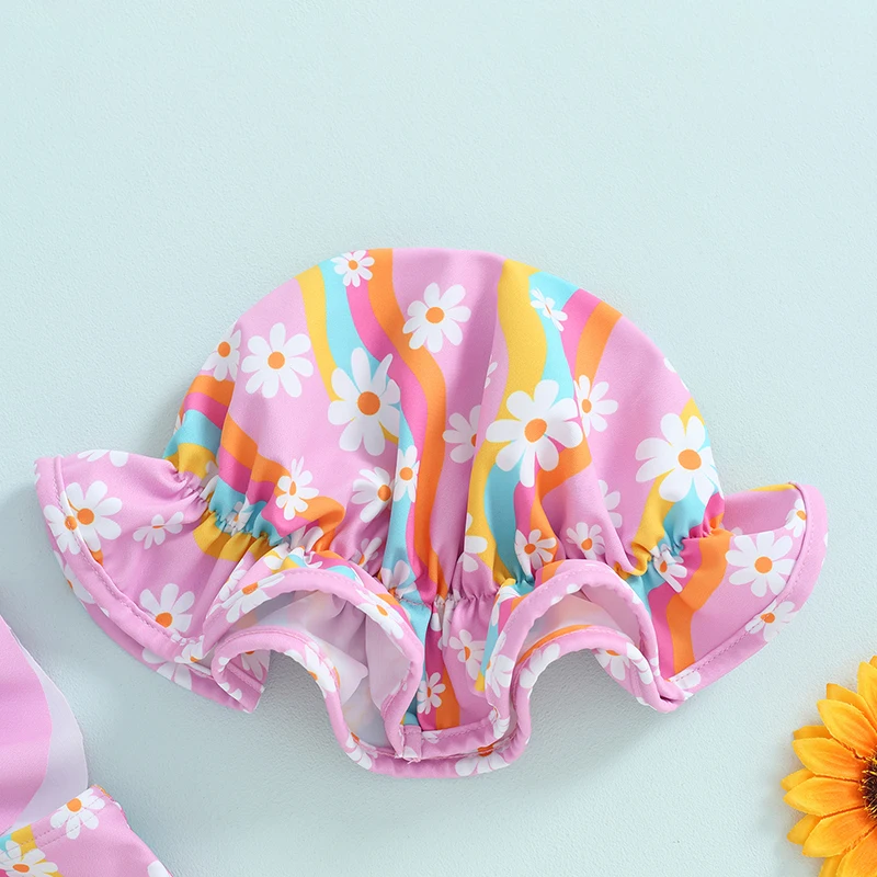 0-3T Toddler Swimsuit 3Piece Set  Rainbow Printed Pleated Small Floral Swimsuit Bikini Set With Hooded Summer New Split Swimsuit