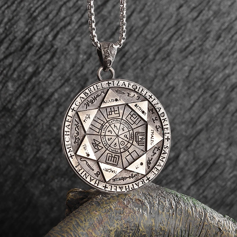 Seven Angels Magic Circle Solomon\\\\\'s Seal Amulet Necklace Pendant Men\\\\\'s Punk Retro Lucky Amulet Jewelry