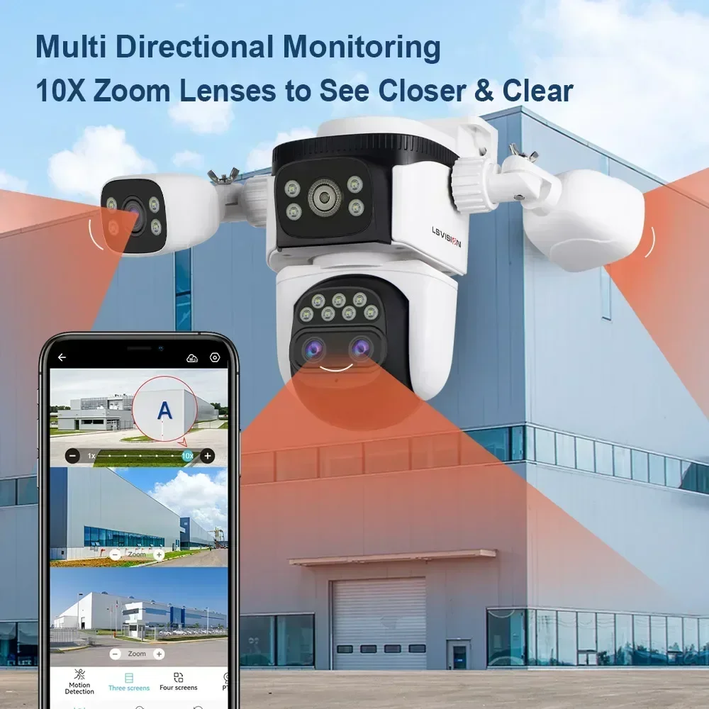 LS VISION Wireless WiFi Camera, 10K, 20MP, Outdoor, 10X Zoom, Four Lens, 720 ° PTZ, Automatic Tracking, Waterproof CCTV Cam